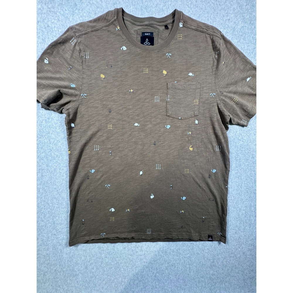 Prana Mens XL Slim Fit Pocket T-Shirt Brown Slub Knit Camping Print Short Sleeve